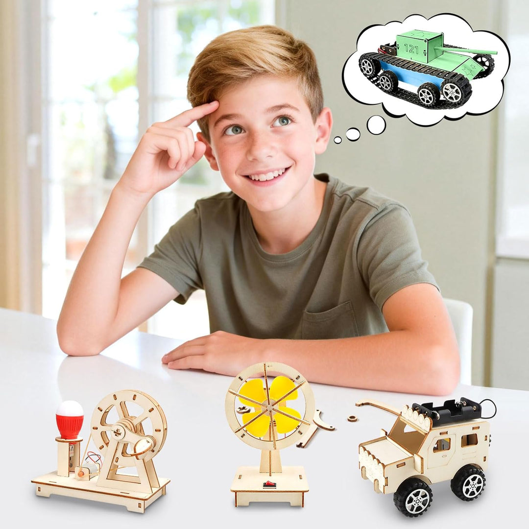 4 Stück Experimente für Kinder, Elektronik Baukasten DIY STEM Spielzeug, Holz Wissenschaft Bausatz S