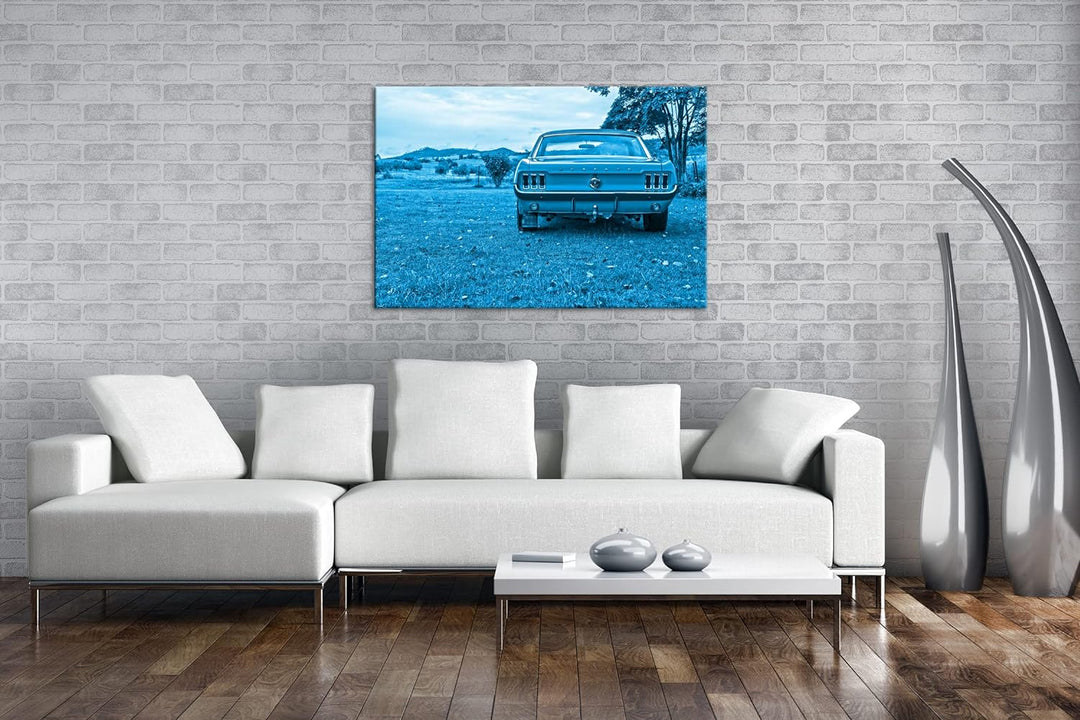 deyoli alter Mustang Format 80x60 Effekt: Monocrome Blau als Leinwandbild, Motiv fertig gerahmt auf