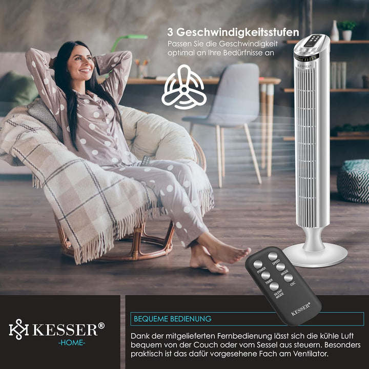 KESSER® Turmventilator mit Fernbedienung | 90° Oszillationswinkel | 3 Stufen | 90 cm |+ Timerfunktio