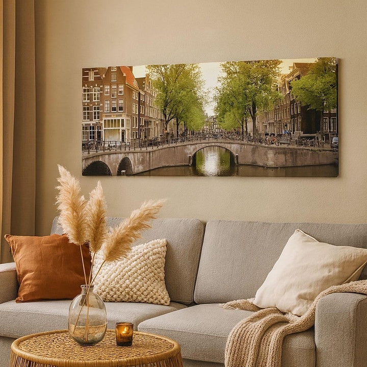 Wandbilder Dekoration Wohnzimmer Kanal Wasser Amsterdam Fahrrad Panorama Bilder auf Leinwand 120x50c