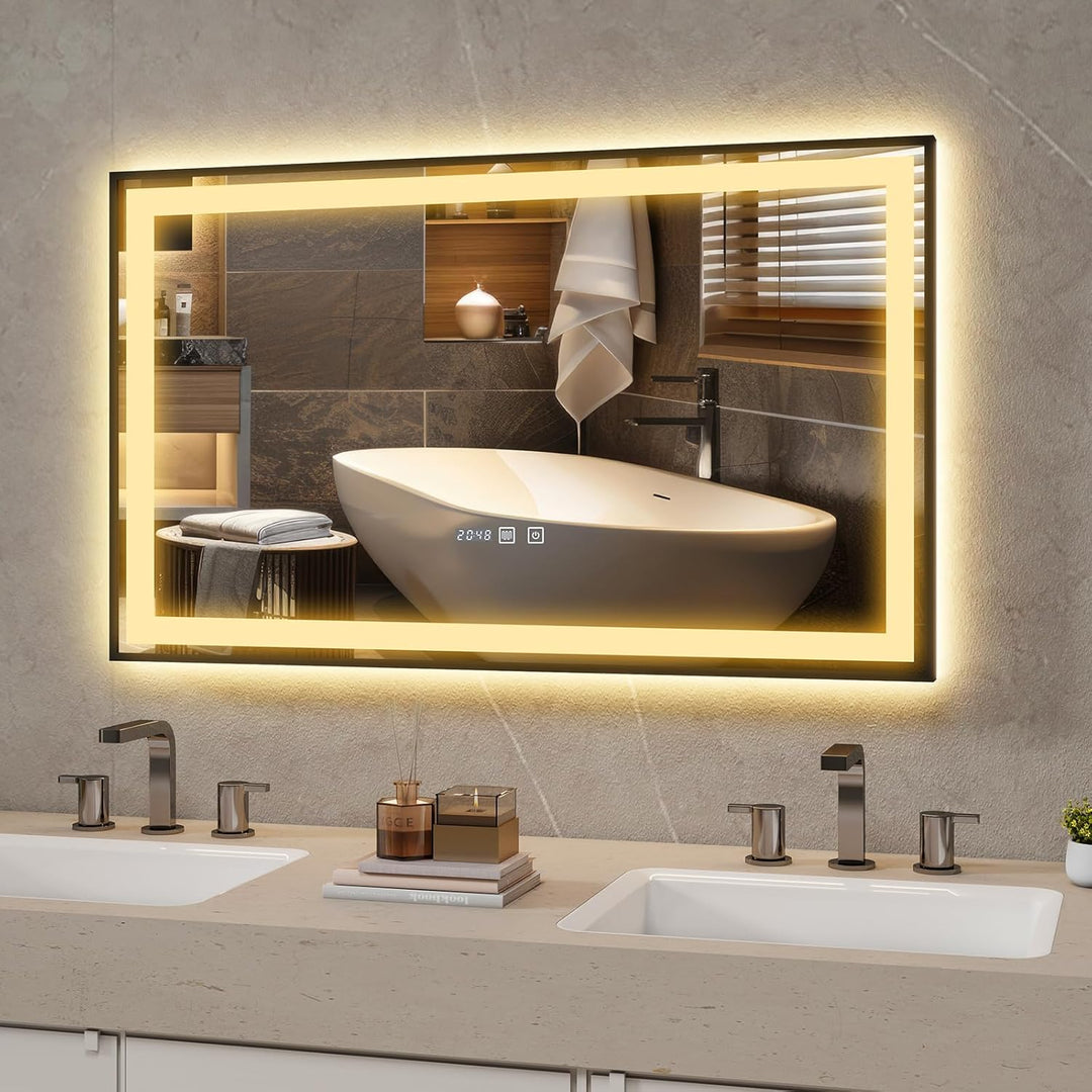 YU YUSING Badspiegel mit Beleuchtung 100x60cm, LED Wandspiegel mit Beschlagfrei, 3 Lichtfarben Dimmb