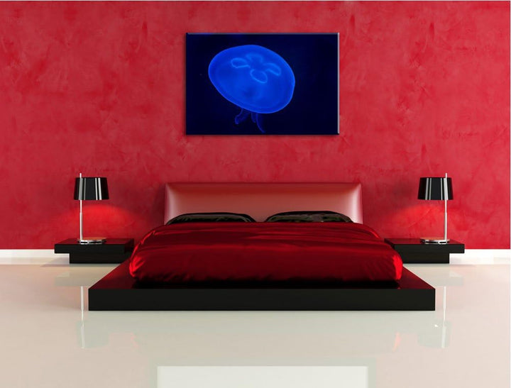 Pixxprint Leuchtend Blaue Qualle auf Leinwand, XXL riesige Bilder fertig gerahmt mit Keilrahmen, Kun