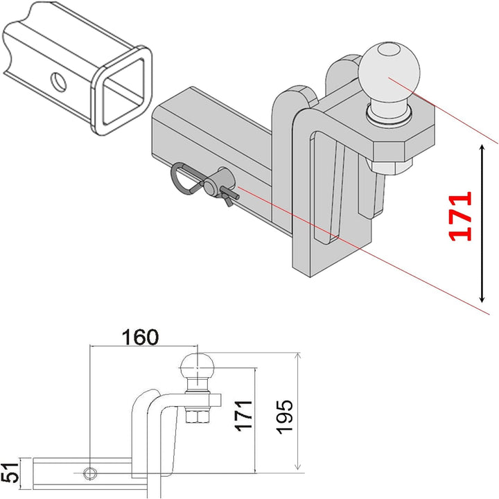 XIMPLIO AHK-Einschub US-Adapter für US-Fahrzeuge Vierkantrohraufnahme (Receiver) 2 Zoll - 51x51mm (H