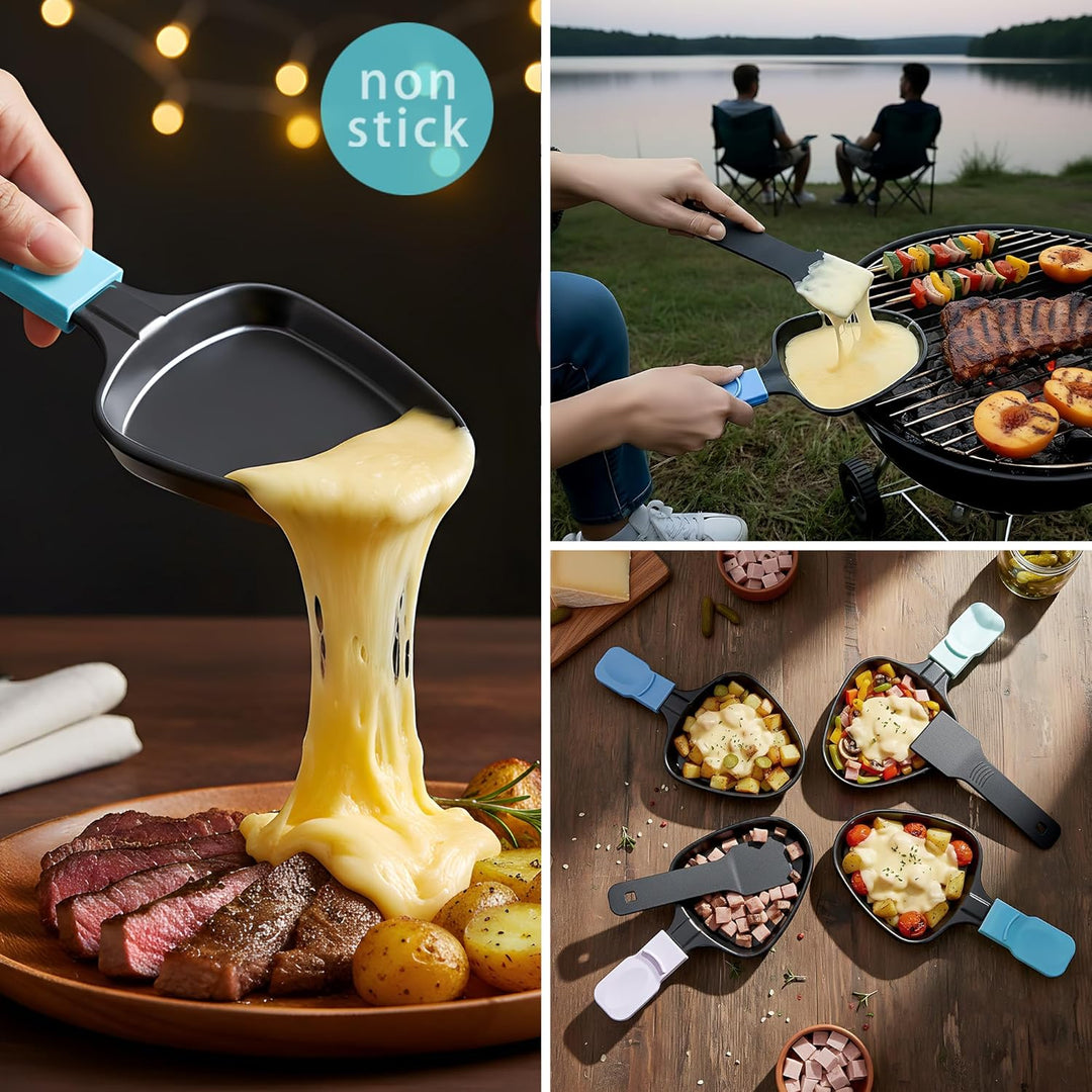 Raclette Pfännchen Ersatz-Set, 8er-Set dreieckige Antihaft-Pfannen mit farbcodierten Griffen in Eisc