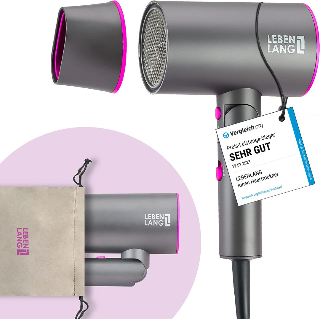 LEBENLANG Föhn Ionen 2100W - Anti-Spliss mit Kaltluft Modus | Reisefön klappbar | Haartrockner Hair