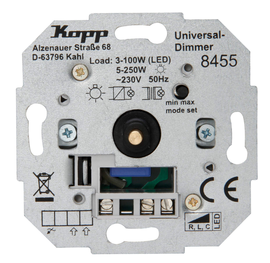 Kopp Universal Druckwechsel-Dimmer Sockel, für LED, Phasenan- und Phasenabschitt, LED 3-100 Watt, Gl