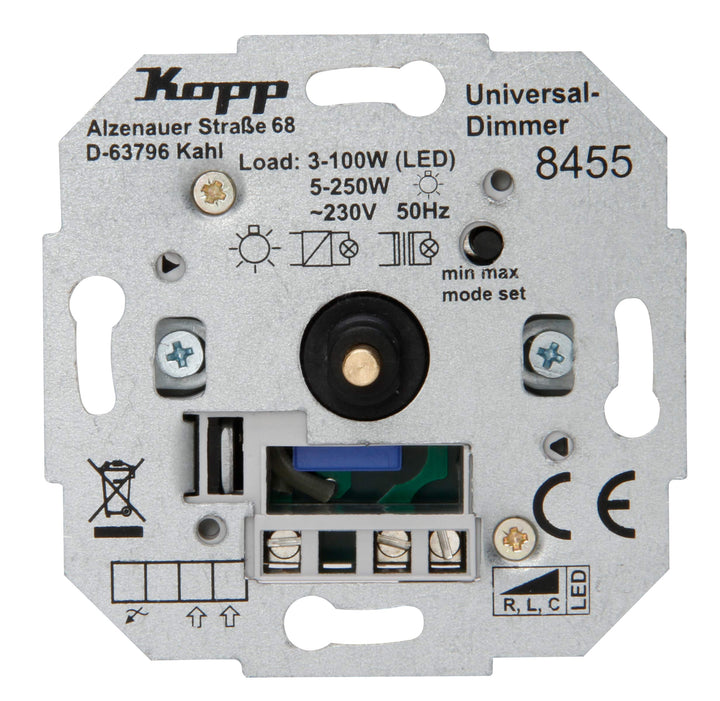 Kopp Universal Druckwechsel-Dimmer Sockel, für LED, Phasenan- und Phasenabschitt, LED 3-100 Watt, Gl