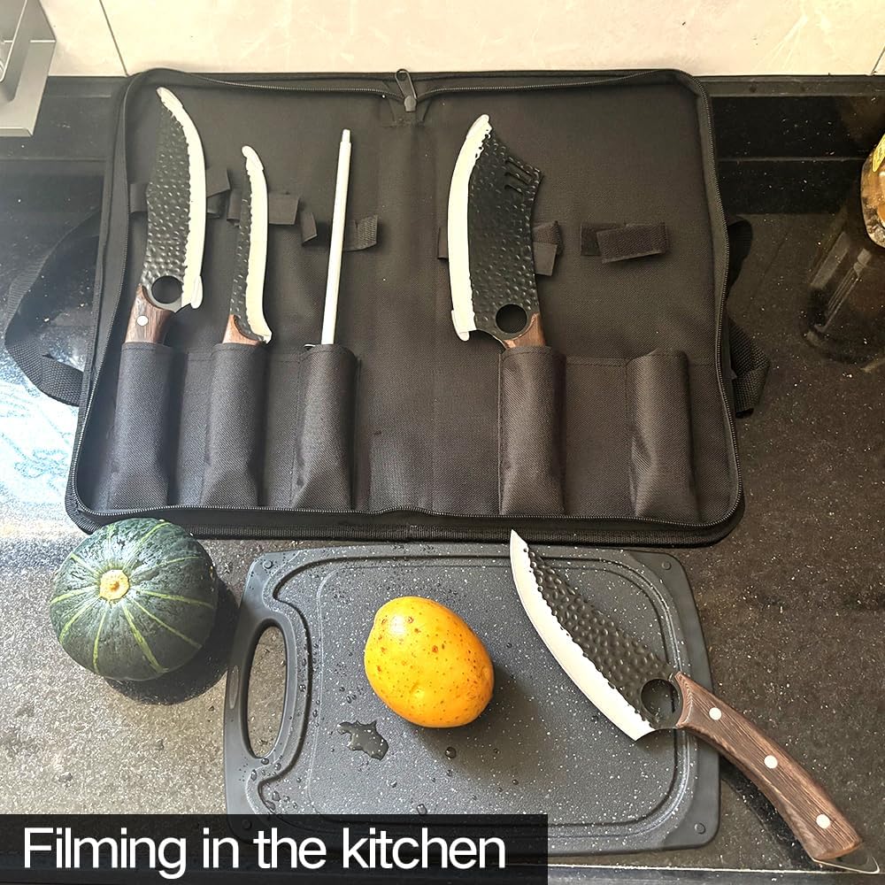 6 Pcs Kochmesser Set Mit Tasche, Küchenmesser, Wetzstahl,Schneidebrett, Handgeschmiedet Chefmesser,