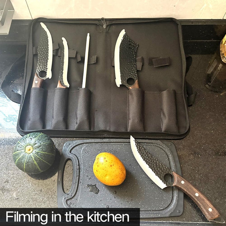 6 Pcs Kochmesser Set Mit Tasche, Küchenmesser, Wetzstahl,Schneidebrett, Handgeschmiedet Chefmesser,