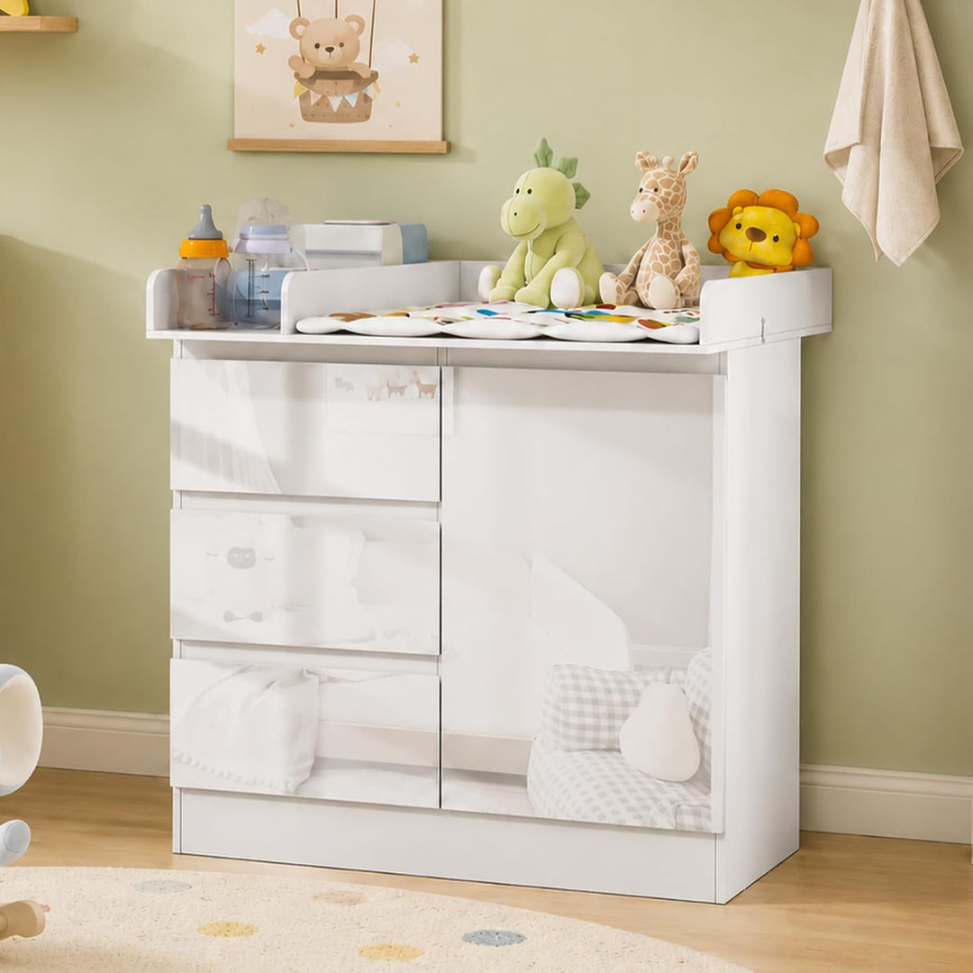 Wickelkommode mit Wickelaufsatz, Wickeltisch mit 3 Schubladen, Baby Kommode Abnehmbarem, Babyschrank