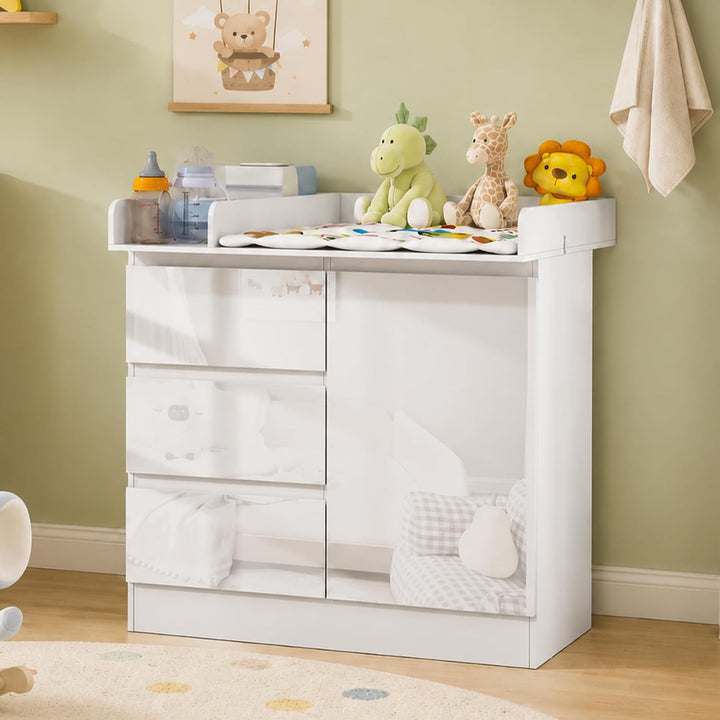 Wickelkommode mit Wickelaufsatz, Wickeltisch mit 3 Schubladen, Baby Kommode Abnehmbarem, Babyschrank