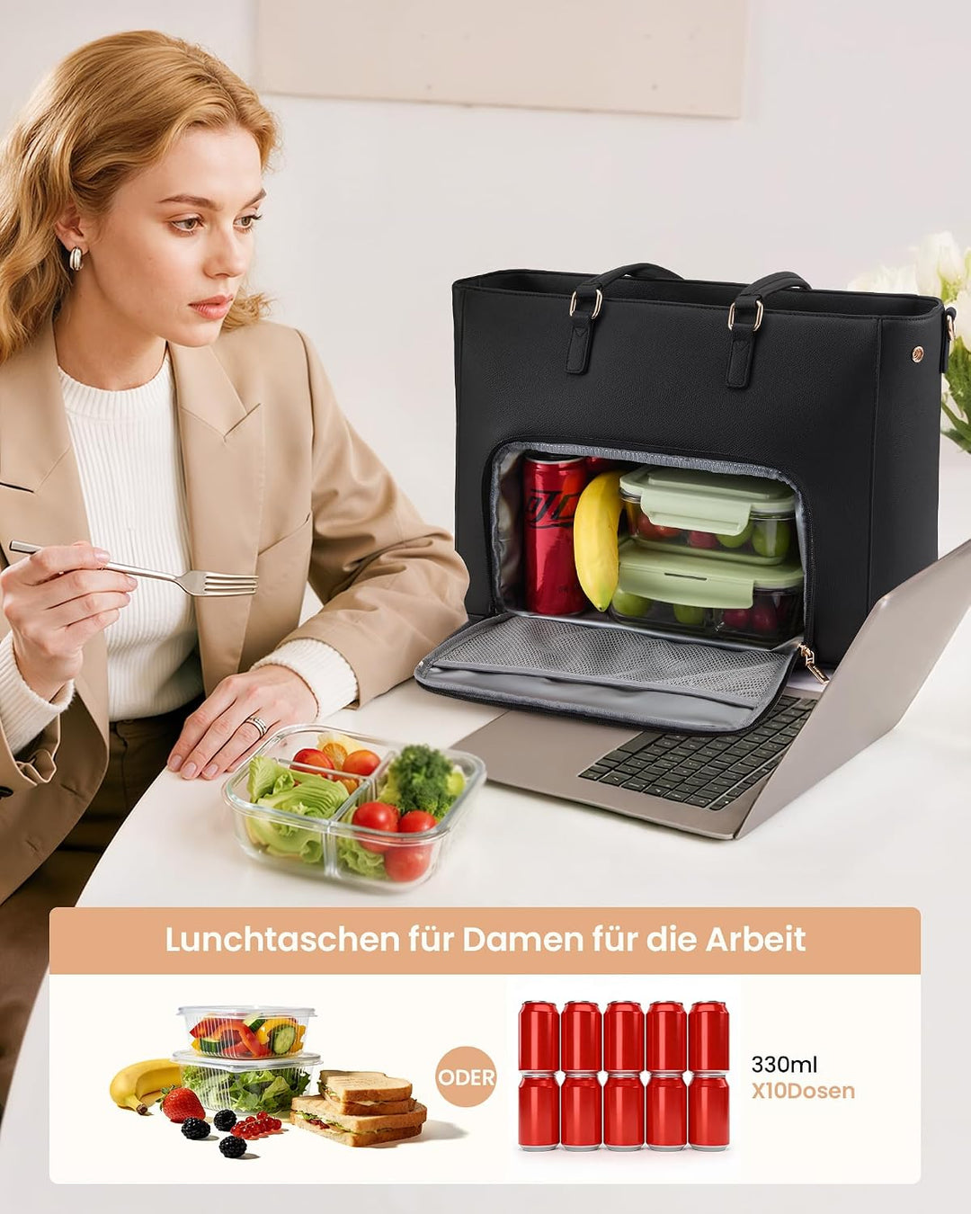 LOVEVOOK Laptoptasche Damen, Arbeitstasche mit Isoliertem Kühlfach Gross | 15,6 Zoll Laptop Handtasc