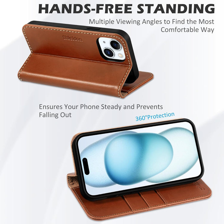 SHIELDON Hülle für iPhone 15 Plus, Handyhülle [Echtleder] [Kartenfach] [Magnet] [Standfunktion] [RFI