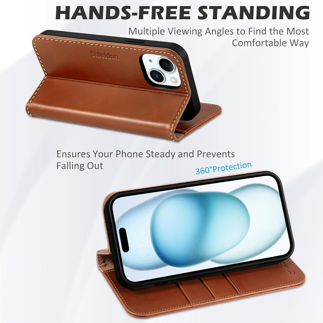 SHIELDON Hülle für iPhone 15 Plus, Handyhülle [Echtleder] [Kartenfach] [Magnet] [Standfunktion] [RFI