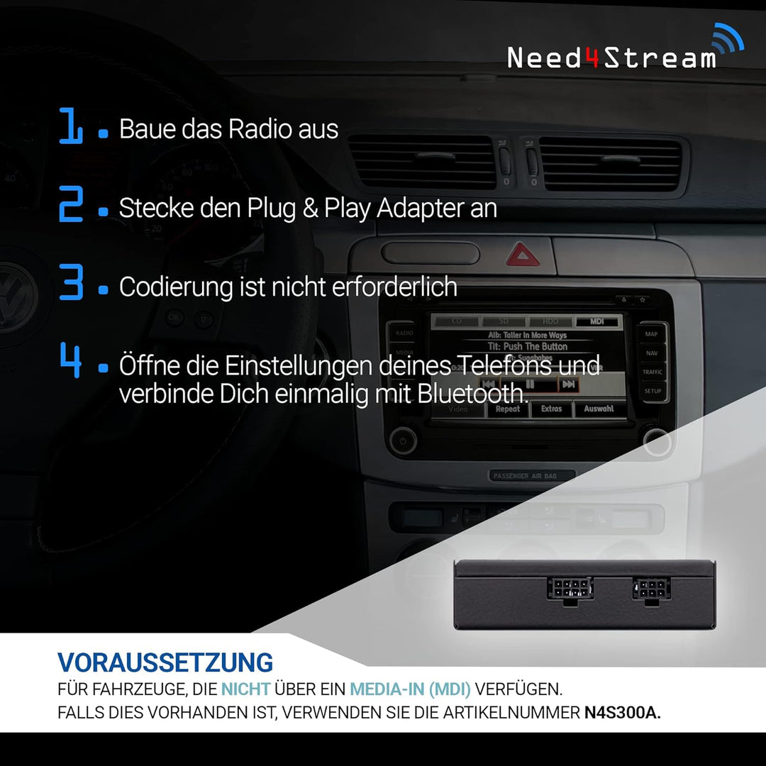 Need4Stream N4S79431 Bluetooth Adapter Auto kompatibel mit VW, Skoda und Seat, Audio Adapter mit Tit