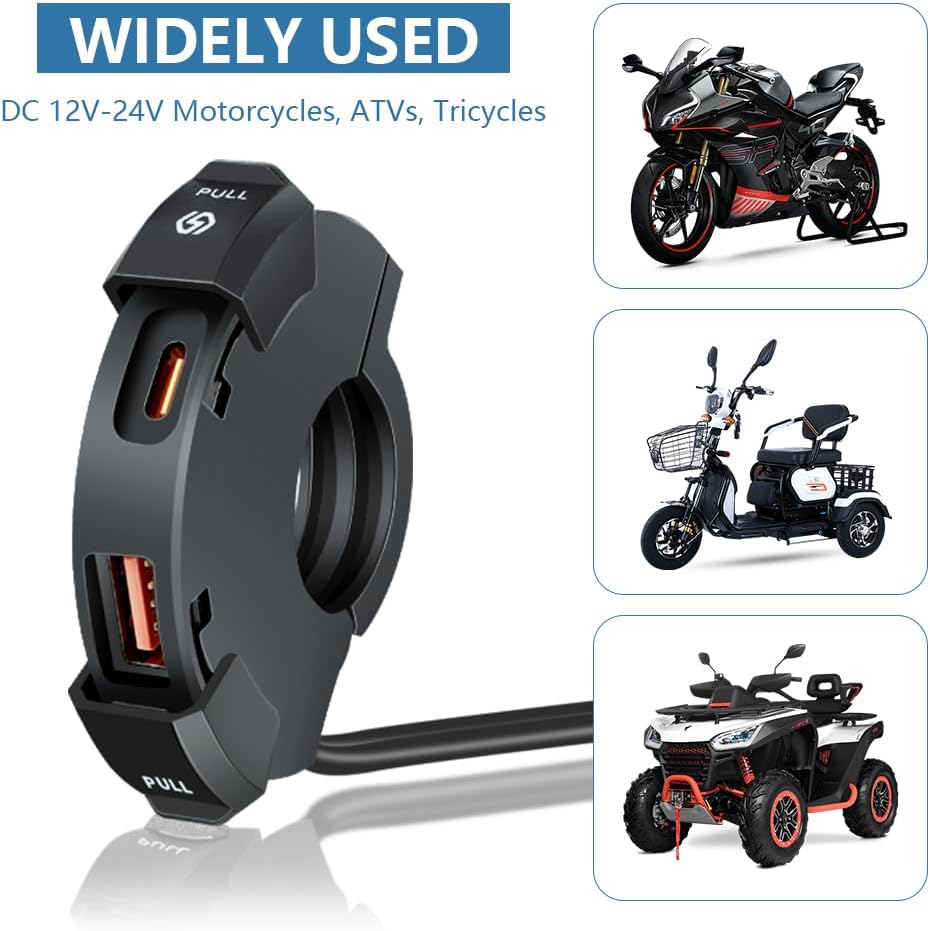 URAQT 48W USB C Steckdose 12V Motorrad Ladegerät, Moto Telefon Ladegerät, QC3.0 USB-A und Typ-C Wass