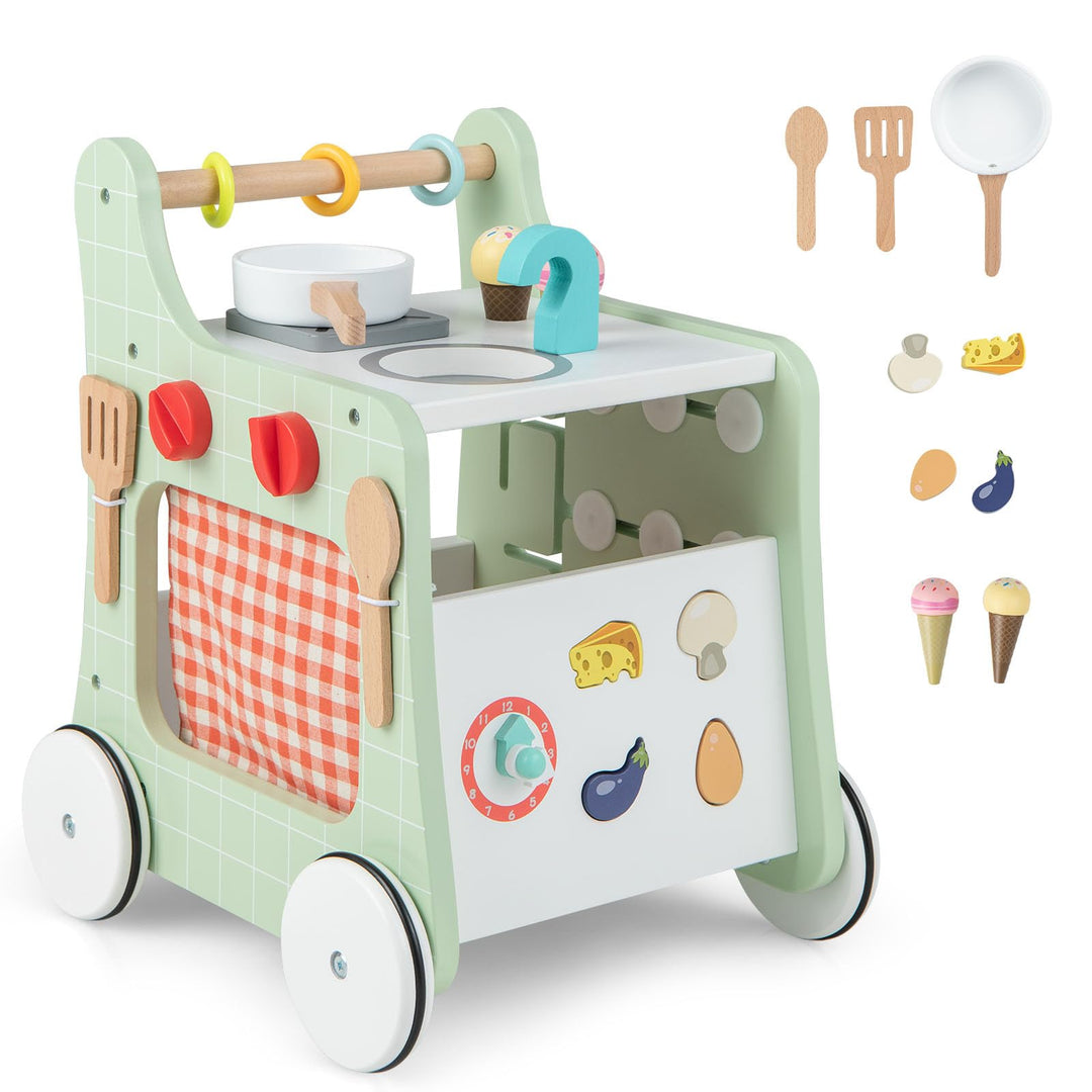 DREAMADE Lauflernwagen Holz, 6-in-1 hölzerne Lauflernhilfe, Baby Walker mit Blöcken & 9 Teilen Zubeh