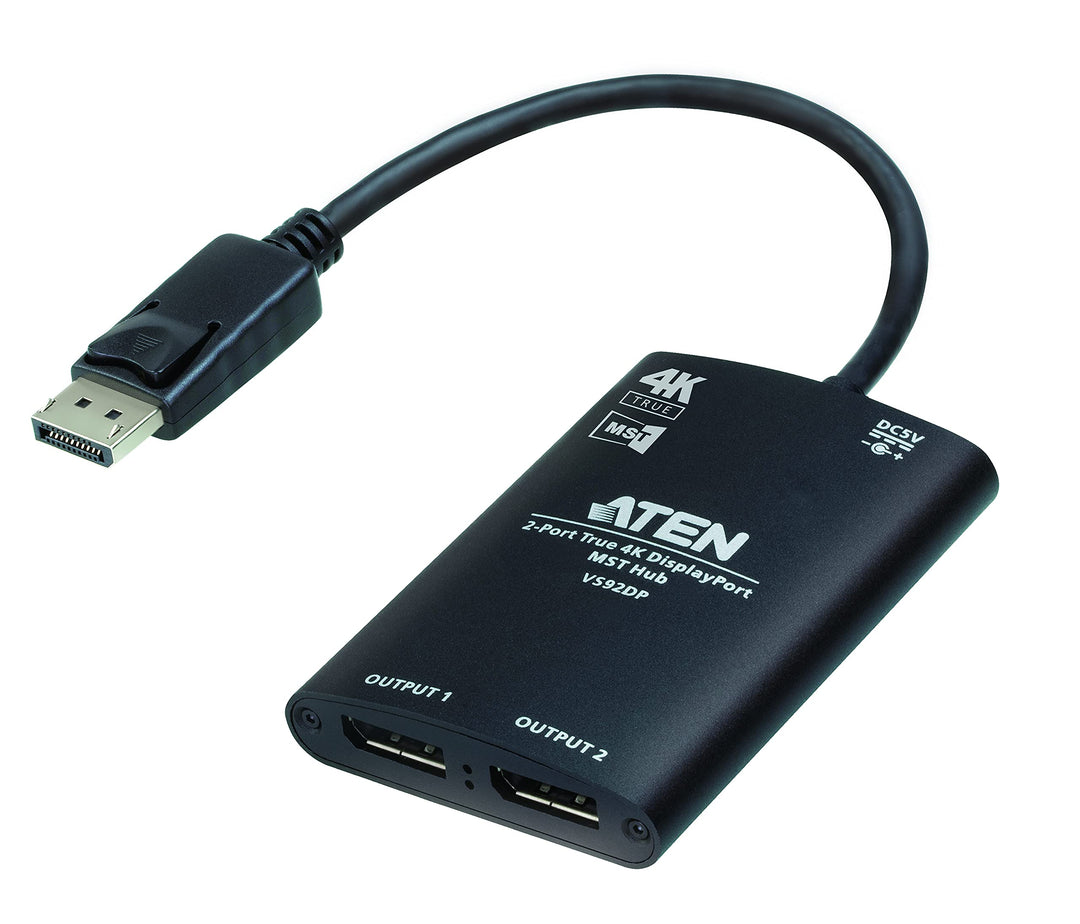 ATEN, VS92DP, 2-Port True 4K DisplayPort MST Hub, unterstützt bis zu 4K@60Hz (4:4:4) Videoauflösung,