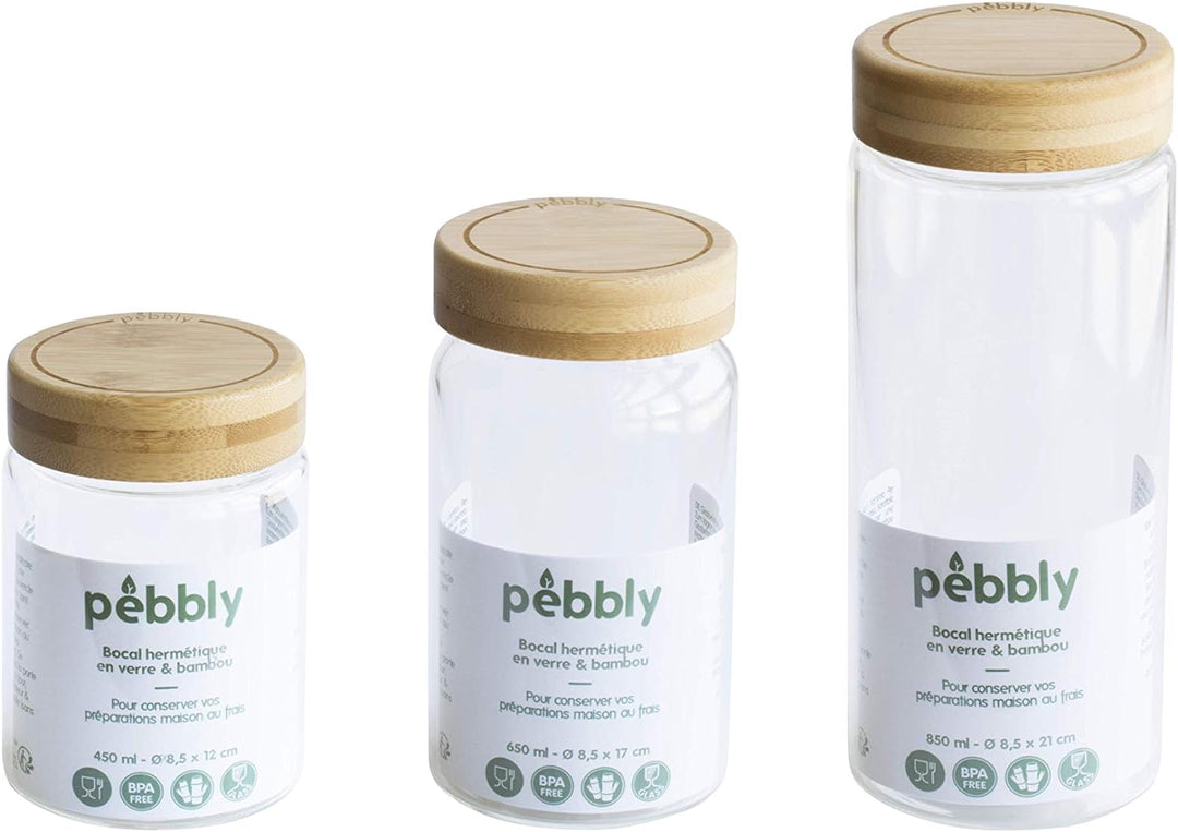 Pebbly NPKV-030 3ER-Set RUNDE GLASBEHÄLTER MIT SCHRAUBDECKEL-75ml, Borosilikatglas, Bambus, Silikon,