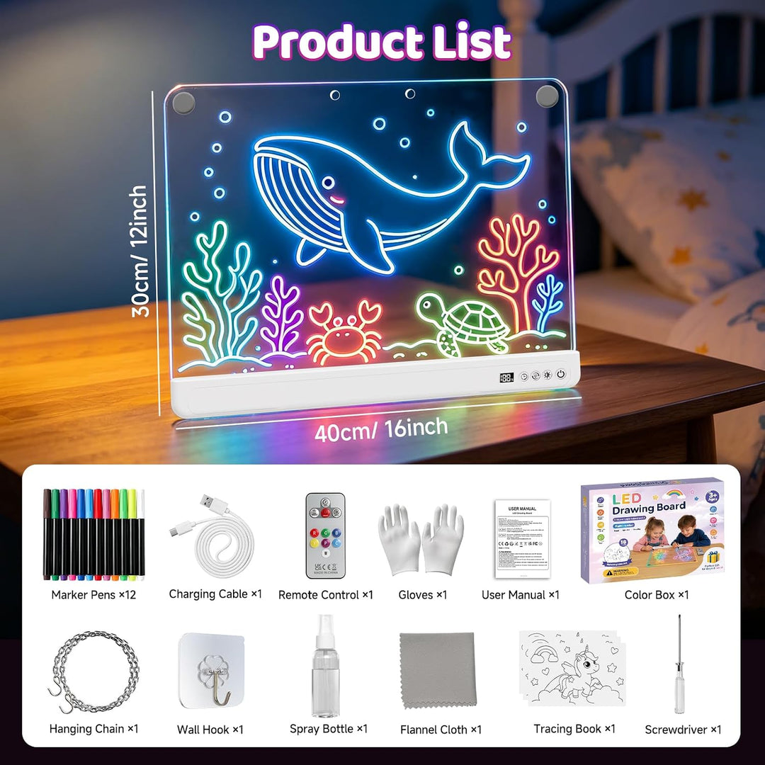 WEVOL LED Zeichenbrett Kinder, Acryl Maltafel 30x40cm Wiederaufladbar mit 7 Farben und 15 Lichteffek