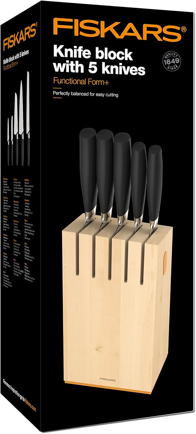 Fiskars Design-Messerblock mit 5 Messern, Breite: 14,5 cm, Höhe: 36 cm, Birkenholz, Functional Form+