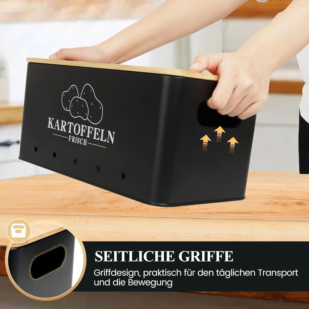 Kartoffel Aufbewahrungsbox 3er Set mit Bambusdeckel, Aufbewahrung für Kartoffeln Zwiebeln Knoblauch,