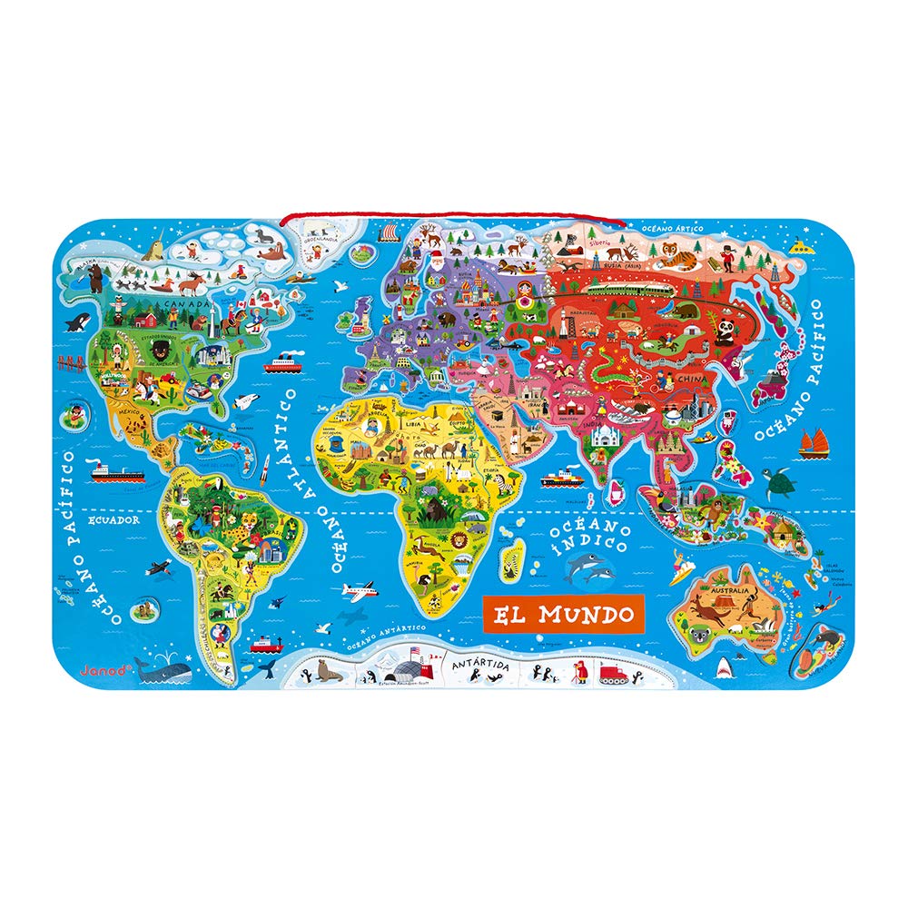 Janod J05503 Puzzle Magnetische Landkarte Die Welt aus Holz 92 Teile, Spanisch Spanisch Single, Span