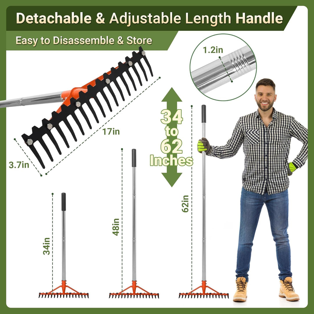 Harke Garten mit Stiel 17 Federstahlzinken Rechen 158cm Garten Harke Gartenrechen mit Verstellbaren