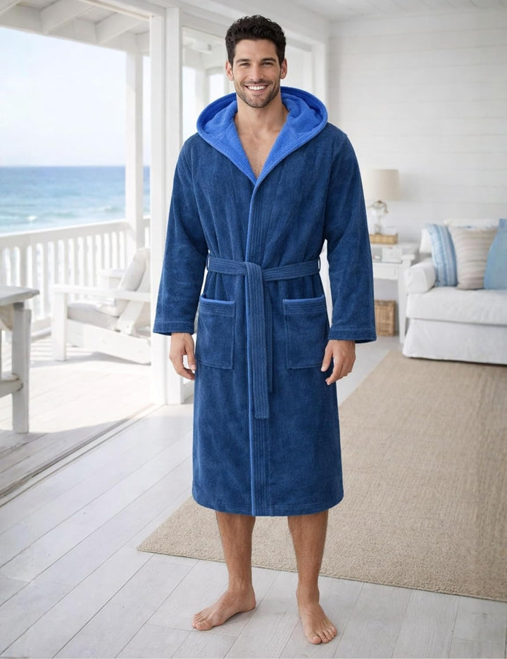 Morgenstern Bademantel Herren Kapuze 100% Baumwolle Frottee Velours Lang Finn M Blau, M Blau