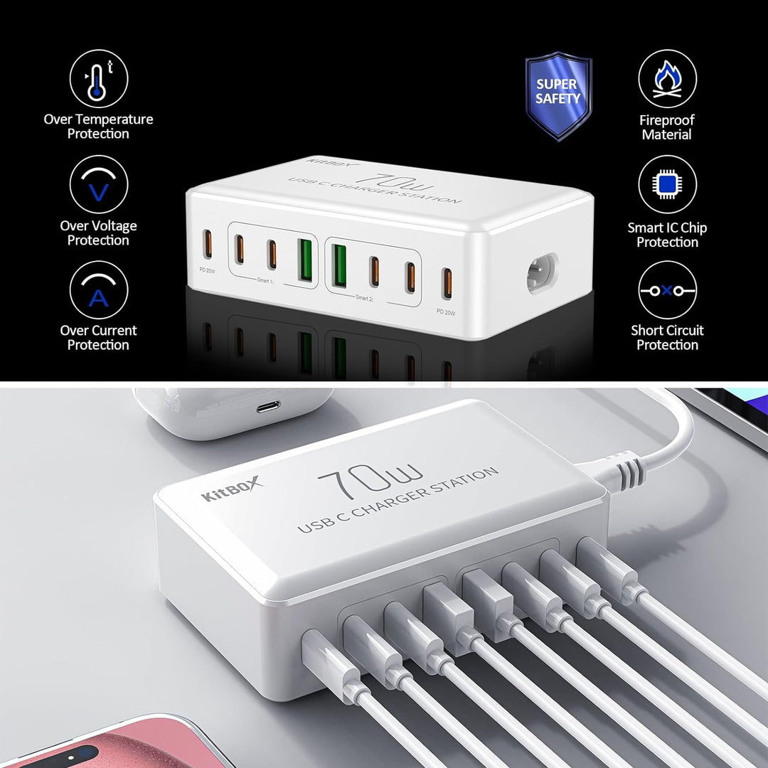 70W USB C Ladegerät Mehrfach Netzteile für Handys Multi USB-C Ladestation mit mehrere 20 W PD-Ports