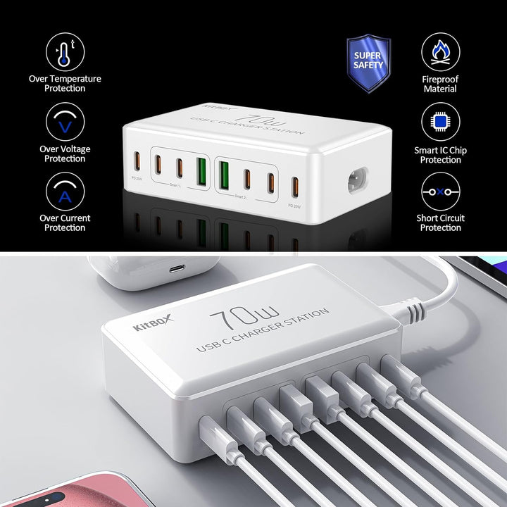 70W USB C Ladegerät Mehrfach Netzteile für Handys Multi USB-C Ladestation mit mehrere 20 W PD-Ports