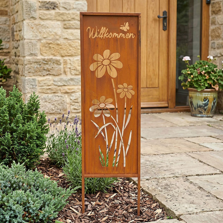 levandeo Gartenstecker Willkommen H83cm Stele Rost Rostdeko Braun Schmetterling Garten-Deko Gartenst