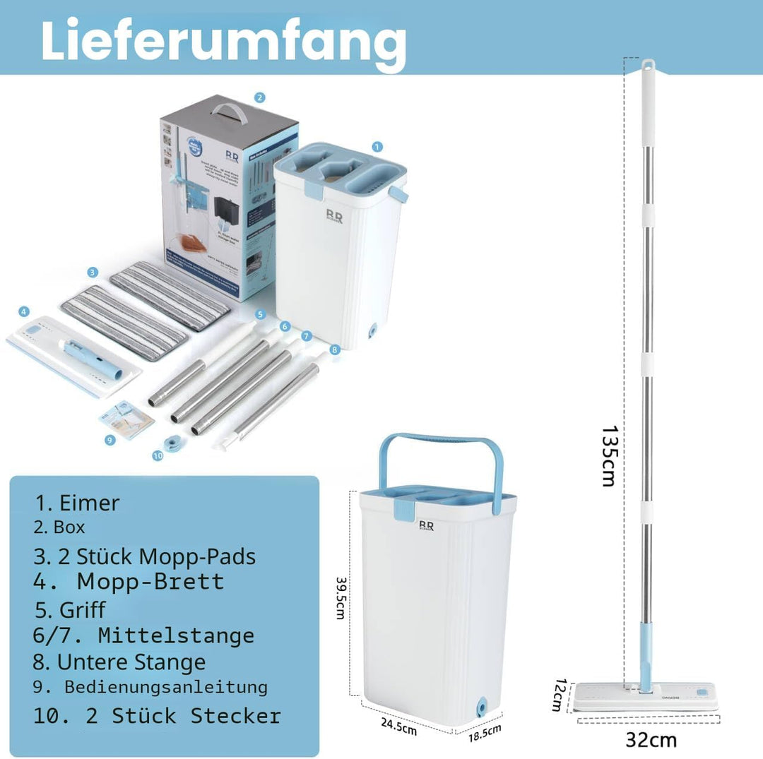 Wischmopp und Eimer Set mit Auswringer - Freihändiger Flacher Bodenwischer, 2 waschbare Mikrofaser P
