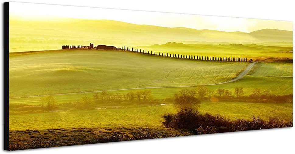 Panoramabild auf Leinwand und Keilrahmen 150x50cm Toskana Strasse Haus Landschaft Morgenlicht