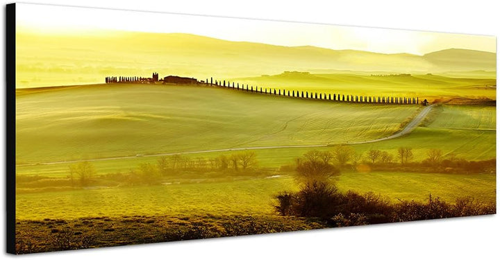 Panoramabild auf Leinwand und Keilrahmen 150x50cm Toskana Strasse Haus Landschaft Morgenlicht