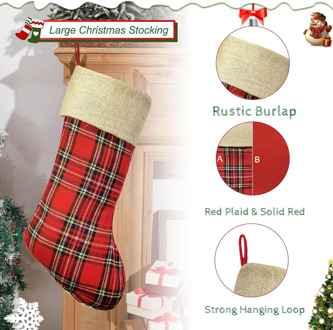 2 Stück Weihnachtsstrumpf, Plaid Nikolausstrumpf 48cm gross mit Jute Cuff zum befüllen, Dekoration f