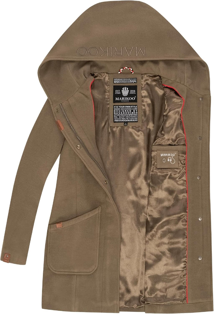 MARIKOO Damen Mantel in Wollmantel-Optik Warmer Trenchcoat mit Kapuze Maikoo XS-5XL XL Stone Brown,