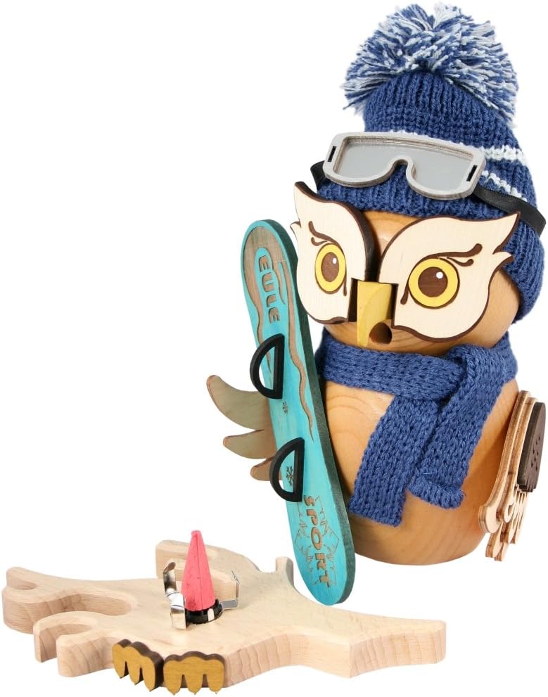 Drechslerei Kuhnert - Rauchfigur/Räucherfigur - Eule mit Snowboard aus Massivholz - ca. 15 cm - Made