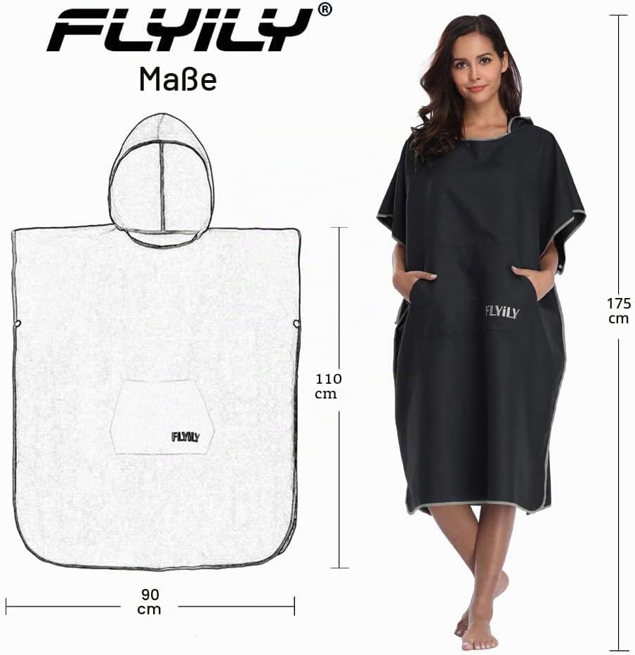 FLYILY Microfaser Surf Poncho Handtuch mit Kapuze Bademantel zum Schwimmen und Strand wechseln Einhe