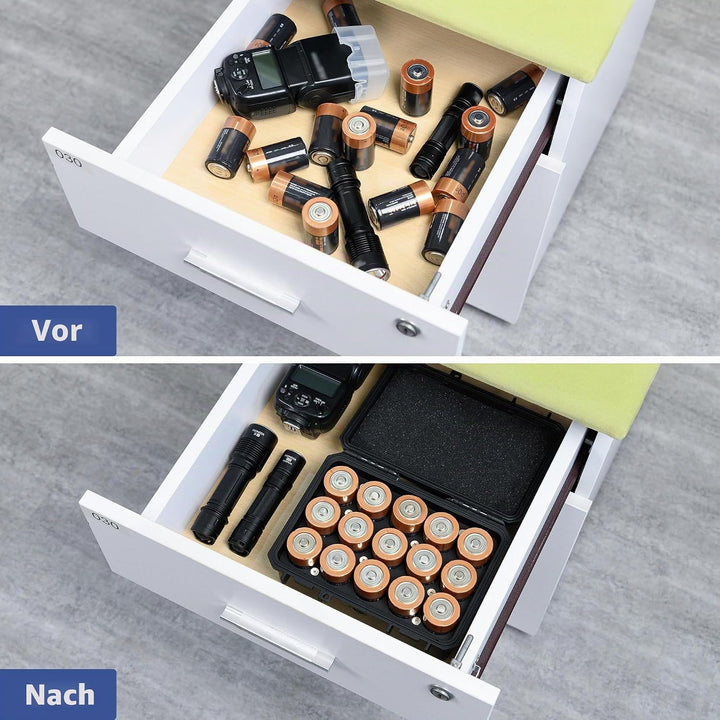 KIWIFOTOS Batterie-Organizer mit 15 Steckplätzen, Typ D, robust, IP67, wasserdicht, LR20/D/AM1 Zelle