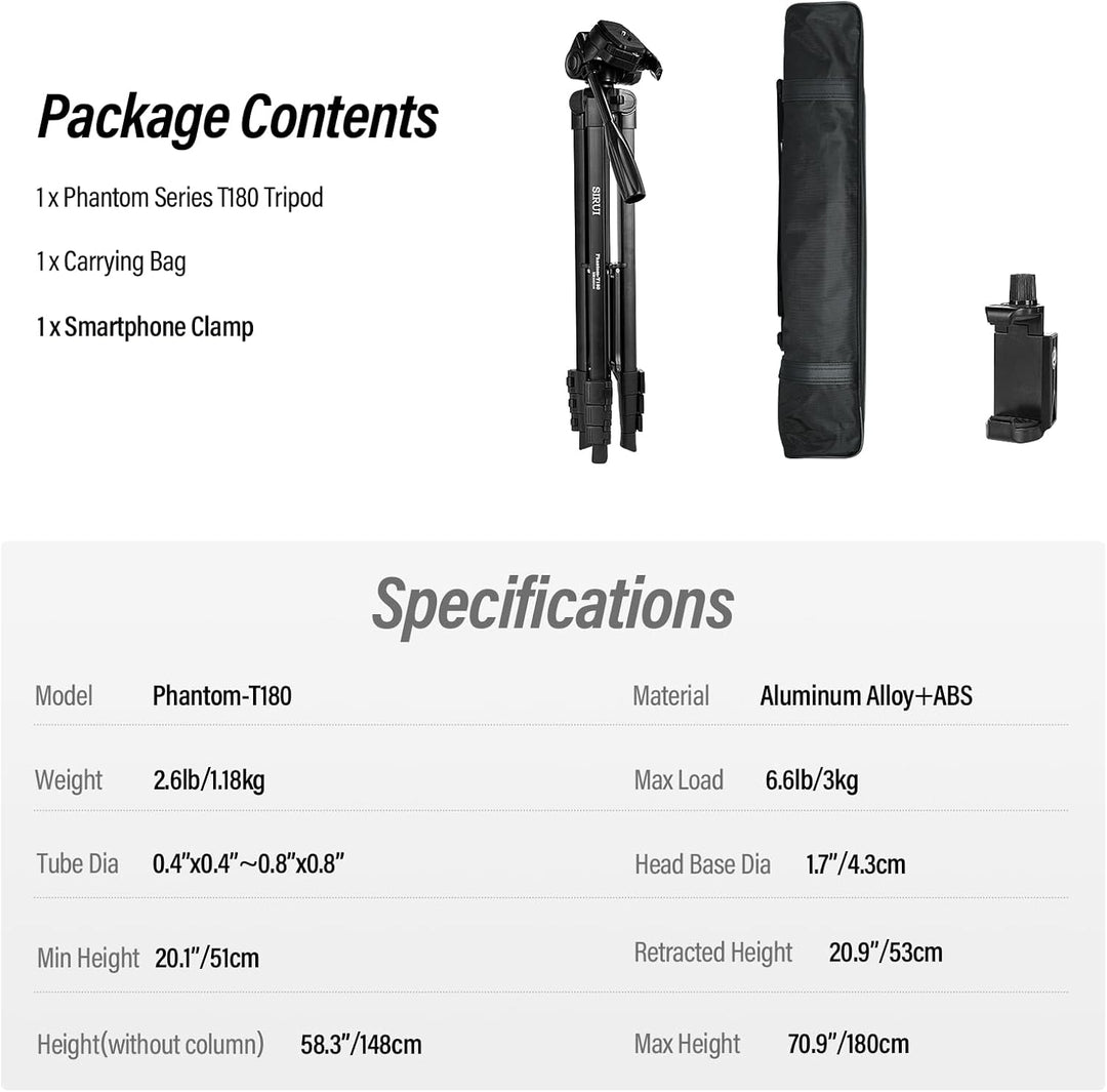 SIRUI Kamera Stativ 180cm, Aluminium Camera Tripod mit Telefonklemme Dreibein-Stative Fotostativ für