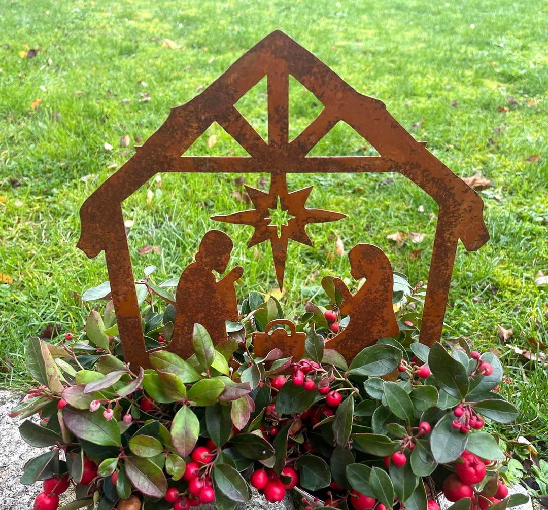 LB H&F Lilienburg Rostkrippe Gartenstecker Krippe Gartenstecker Weihnachtskrippe Winterdeko Weihnach