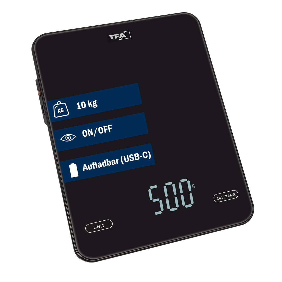 TFA Dostmann Digitale Küchenwaage aufladbar USB C 10kg Pancake, 50.2010, 1g Auflösung, ON/OFF Schalt