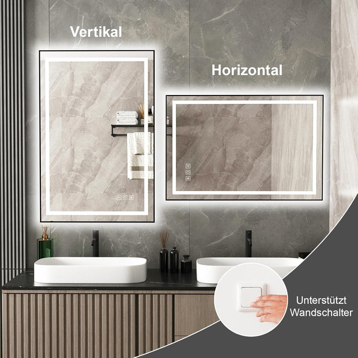 furduzz Badezimmerspiegel mit Beleuchtung, 500 x 700 mm, wandmontierter Kosmetikspiegel mit Vorder-