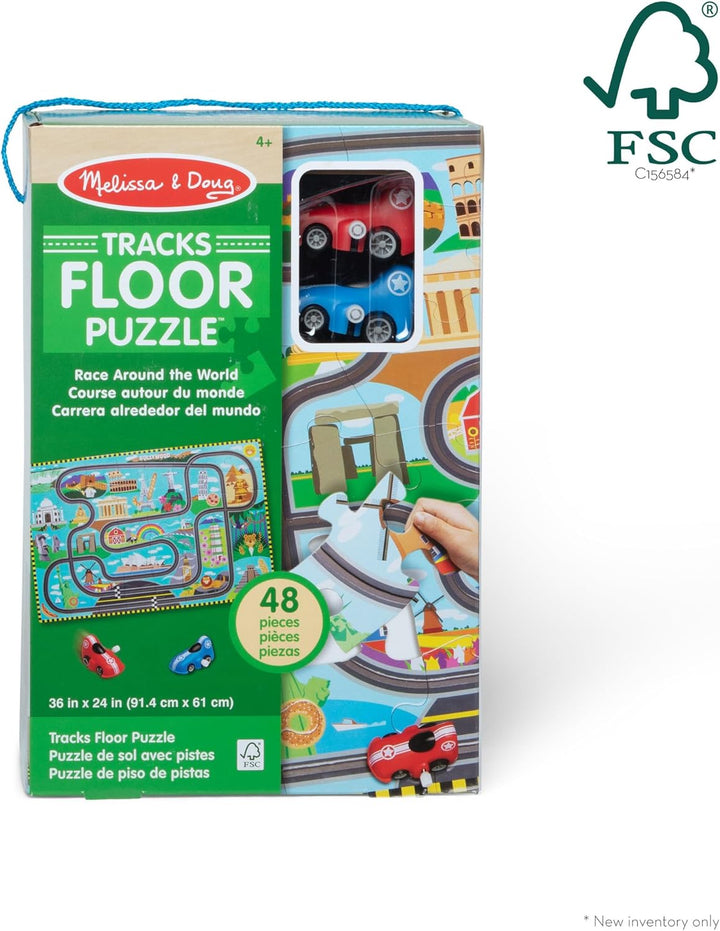 Melissa & Doug Bodenpuzzle Autorennen Rund um die Welt inkl. 2 Spielautos | 50-teilig| 91,4 x 68 cm