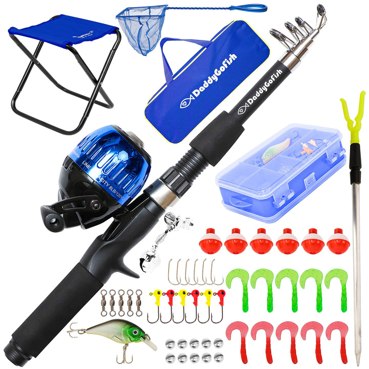 DaddyGoFish Kinder Angelset - Teleskoprute & Rolle Combo mit Klappstuhl, Rutenhalter, Tackle Box, Kö