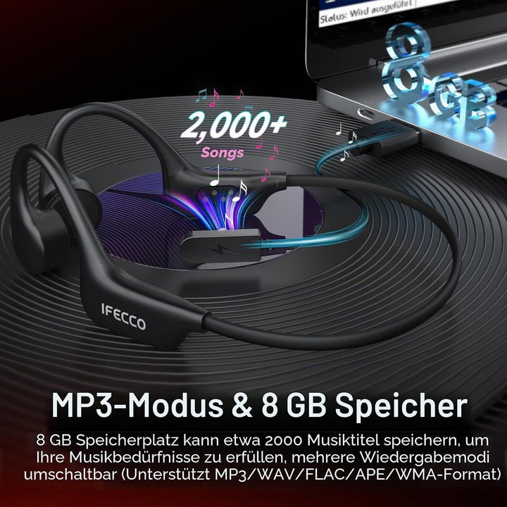 IFECCO Knochenschall Kopfhörer Schwimmen Bluetooth 6.0 - IP68 wasserdichte Open Ear KopfhöRer mit MP