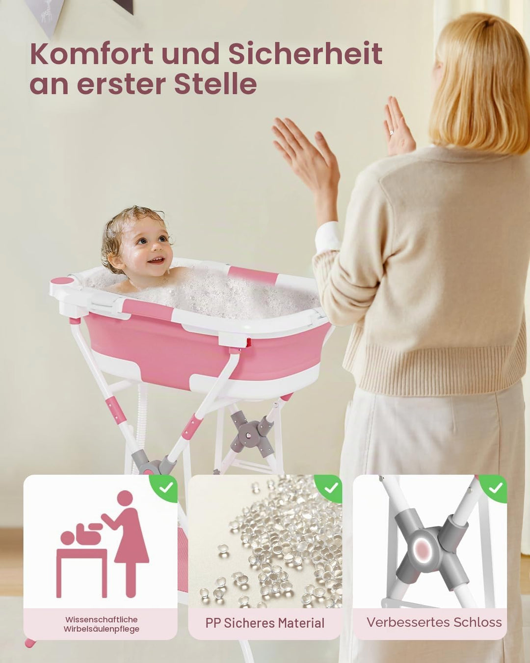 2-in-1 Baby Badewanne mit Gestell, Faltbare Badewanne Baby mit Badestütznetz, Geeignet für Neugebore