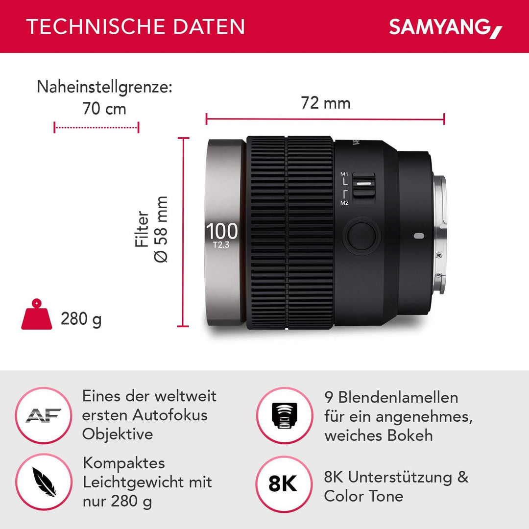 Samyang V-af T 2.3/100 Fe Sony E Camera Lens One Size Objektiv 100mm T2,3 FE, Objektiv 100mm T2,3 FE