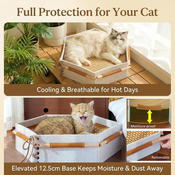 Sechseckiges Katzenbett mit Bambusmatte – Doppelseitig für Sommer (Kühlt) &amp; Winter (Wärmt), Abnehmba